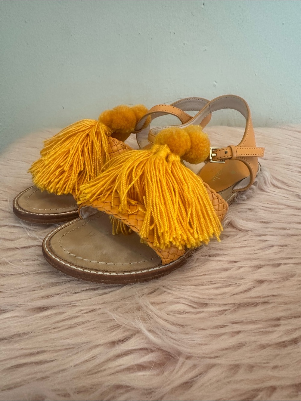 kate spade Yellow Tassel Pom Leather Sandals